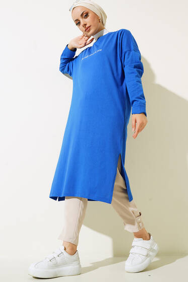 Only Limit Is You Baskılı Uzun Tunik Saks - Tunik