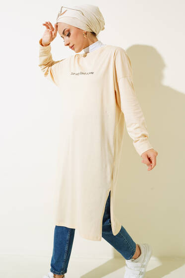 Only Limit Is You Baskılı Uzun Tunik Bej - Tunik