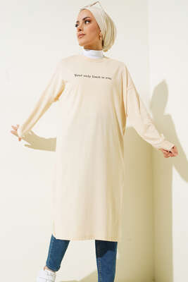 Only Limit Is You Baskılı Uzun Tunik Bej - Tunik