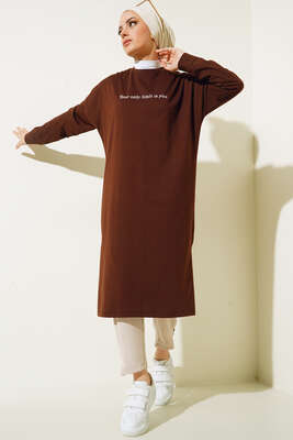 Only Limit Is You Baskılı Uzun Tunik Kahve - Tunik