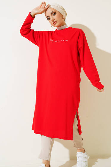 Only Limit Is You Baskılı Uzun Tunik Kırmızı - Tunik