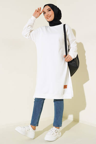 Önü Arma Detaylı Basic Uzun Tunik Ekru - Tunik