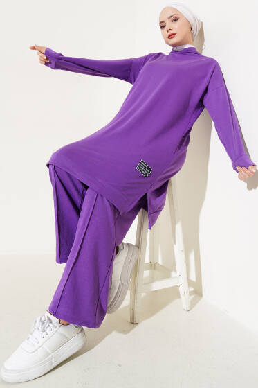 Önü Armalı Kapüşonlu İkili Takım Lila - İkili Takım