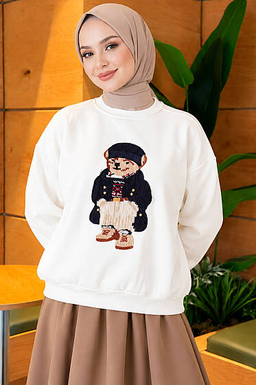 Önü Ayıcık Nakışlı Üç İplik Sweatshirt Ekru - Tunik