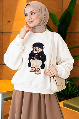 Önü Ayıcık Nakışlı Üç İplik Sweatshirt Ekru - Tunik