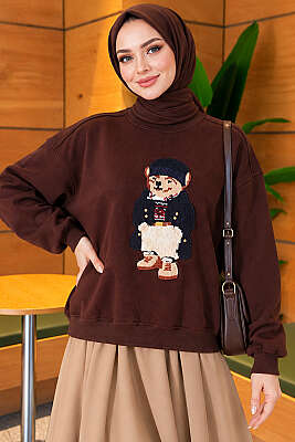 Önü Ayıcık Nakışlı Üç İplik Sweatshirt Kahve - DESTİNA