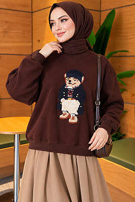Önü Ayıcık Nakışlı Üç İplik Sweatshirt Kahve - Tunik