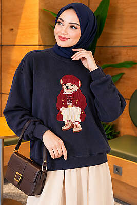Önü Ayıcık Nakışlı Üç İplik Sweatshirt Lacivert - DESTİNA