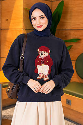 Önü Ayıcık Nakışlı Üç İplik Sweatshirt Lacivert - Tunik