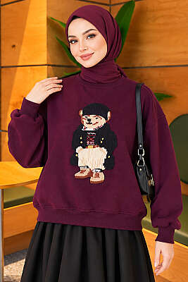 Önü Ayıcık Nakışlı Üç İplik Sweatshirt Mor - DESTİNA