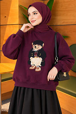 Önü Ayıcık Nakışlı Üç İplik Sweatshirt Mor - Tunik