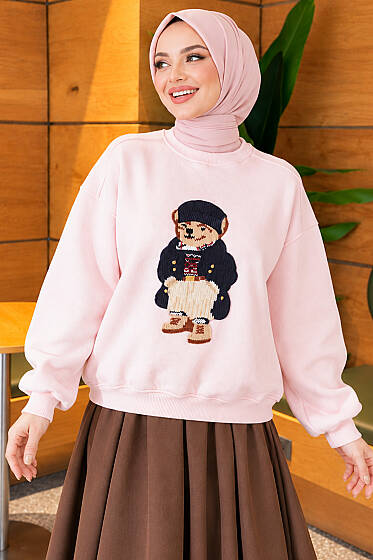Önü Ayıcık Nakışlı Üç İplik Sweatshirt Pembe - Tunik