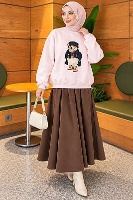 Önü Ayıcık Nakışlı Üç İplik Sweatshirt Pembe - Tunik