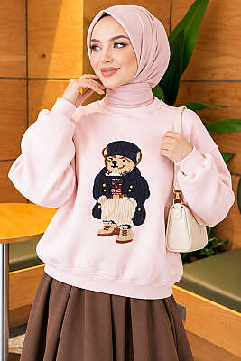 Önü Ayıcık Nakışlı Üç İplik Sweatshirt Pembe - Tunik