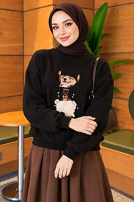 Önü Ayıcık Nakışlı Üç İplik Sweatshirt Siyah - DESTİNA