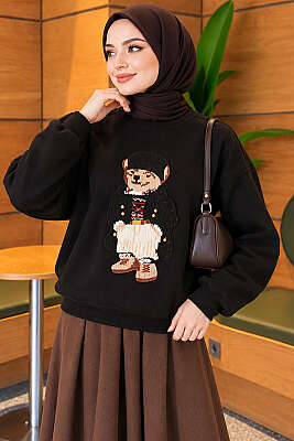 Önü Ayıcık Nakışlı Üç İplik Sweatshirt Siyah - Tunik