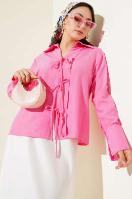 Önü Bağcık Detaylı Bluz Pembe 