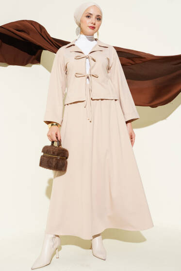 Önü Bağcık Detaylı Etekli İkili Takım Bej - İkili Takım