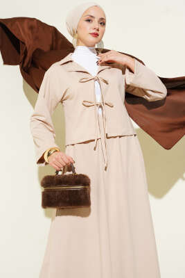 Önü Bağcık Detaylı Etekli İkili Takım Bej - İkili Takım