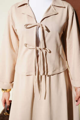 Önü Bağcık Detaylı Etekli İkili Takım Bej - İkili Takım