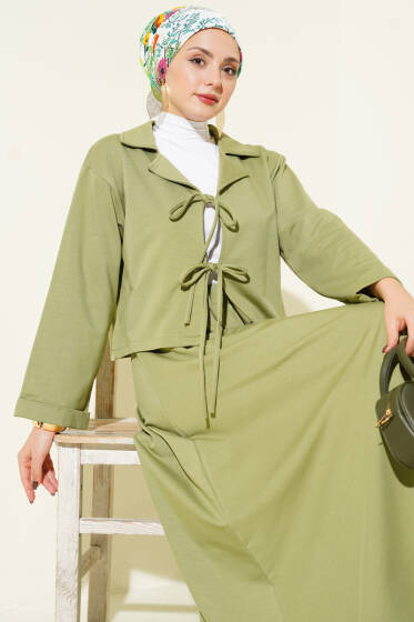 Önü Bağcık Detaylı Etekli İkili Takım Çağla Yeşili - İkili Takım