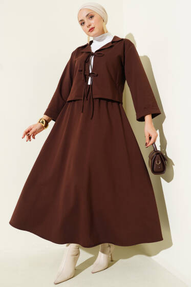 Önü Bağcık Detaylı Etekli İkili Takım Kahve - İkili Takım