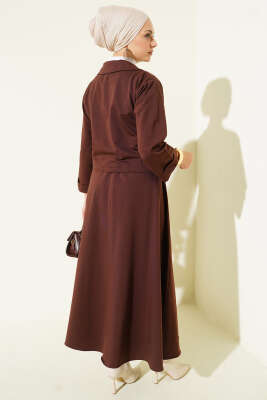 Önü Bağcık Detaylı Etekli İkili Takım Kahve - İkili Takım