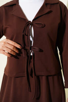 Önü Bağcık Detaylı Etekli İkili Takım Kahve - İkili Takım