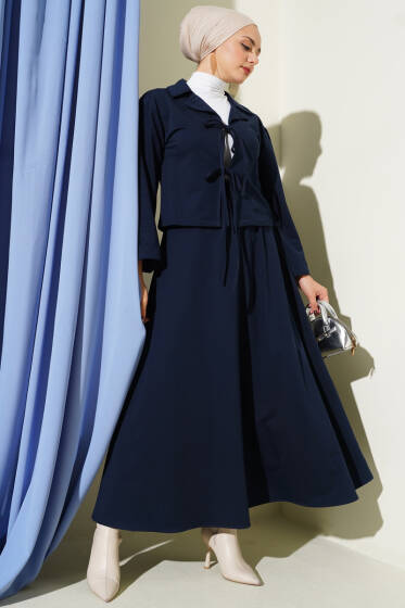 Önü Bağcık Detaylı Etekli İkili Takım Lacivert - İkili Takım