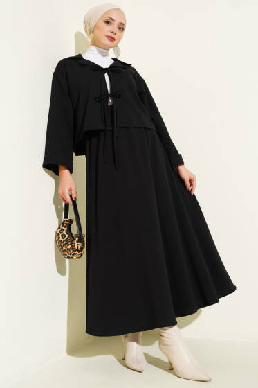 Önü Bağcık Detaylı Etekli İkili Takım Siyah - İkili Takım