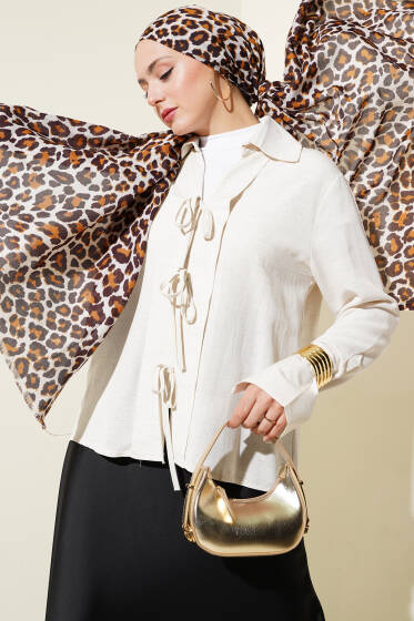 Önü Bağcık Detaylı Keten Bluz Bej - Bluz