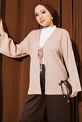 Önü Bağcıklı Ağaç Kabuğu Kimono Bej - SAS
