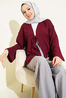 Önü Bağcıklı Ağaç Kabuğu Kimono Bordo - SAS