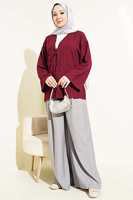 Önü Bağcıklı Ağaç Kabuğu Kimono Bordo - Dış Giyim&Mont