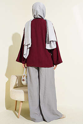 Önü Bağcıklı Ağaç Kabuğu Kimono Bordo - Dış Giyim&Mont