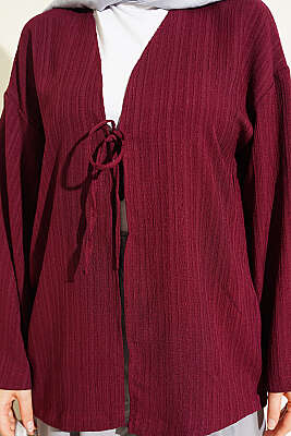 Önü Bağcıklı Ağaç Kabuğu Kimono Bordo - Dış Giyim&Mont