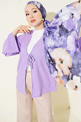Önü Bağcıklı Ağaç Kabuğu Kimono Lila - SAS
