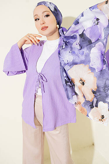 Önü Bağcıklı Ağaç Kabuğu Kimono Lila - Dış Giyim&Mont