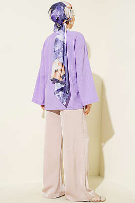 Önü Bağcıklı Ağaç Kabuğu Kimono Lila - Dış Giyim&Mont