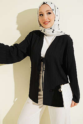 Önü Bağcıklı Ağaç Kabuğu Kimono Siyah - SAS