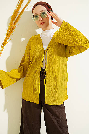 Önü Bağcıklı Ağaç Kabuğu Kimono Yağ Yeşili - Dış Giyim&Mont
