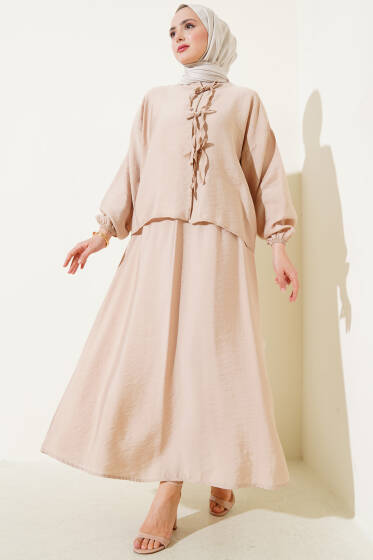 Önü Bağcıklı Bilek Lastikli Etekli Takım Bej - İkili Takım