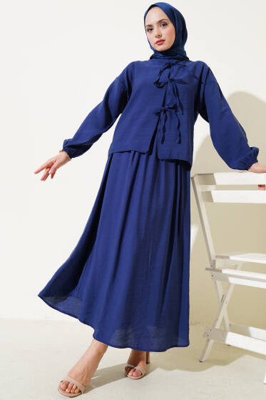 Önü Bağcıklı Bilek Lastikli Etekli Takım Lacivert - İkili Takım