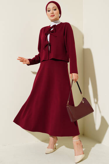 Önü Bağcıklı Ceket Etek İkili Takım Bordo - İkili Takım