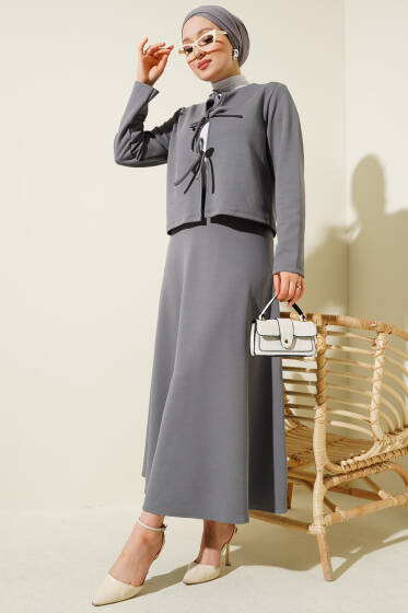 Önü Bağcıklı Ceket Etek İkili Takım Gri - İkili Takım