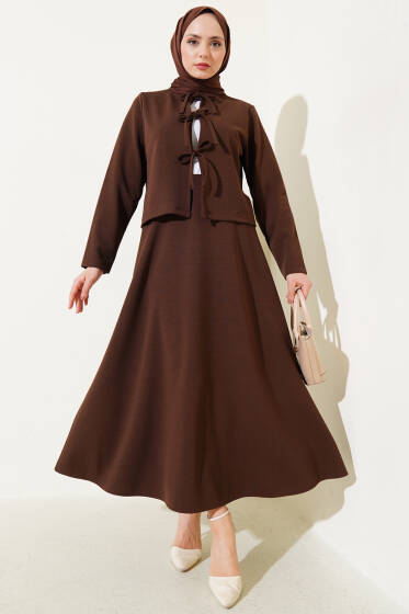 Önü Bağcıklı Ceket Etek İkili Takım Kahve - İkili Takım