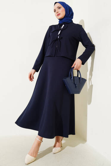 Önü Bağcıklı Ceket Etek İkili Takım Lacivert - İkili Takım