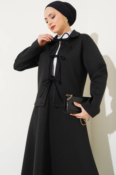 Önü Bağcıklı Ceketli Etekli Scuba İkili Takım Siyah - İkili Takım