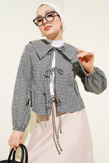 Önü Bağcıklı Denizci Yaka Kısa Gofre Bluz - Bluz