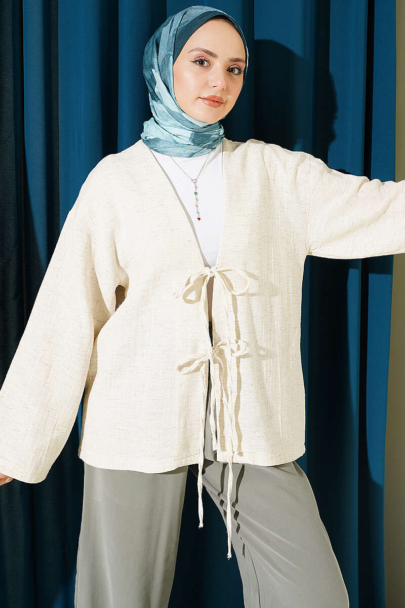 Önü Bağcıklı Detaylı Keten Kimono Bej